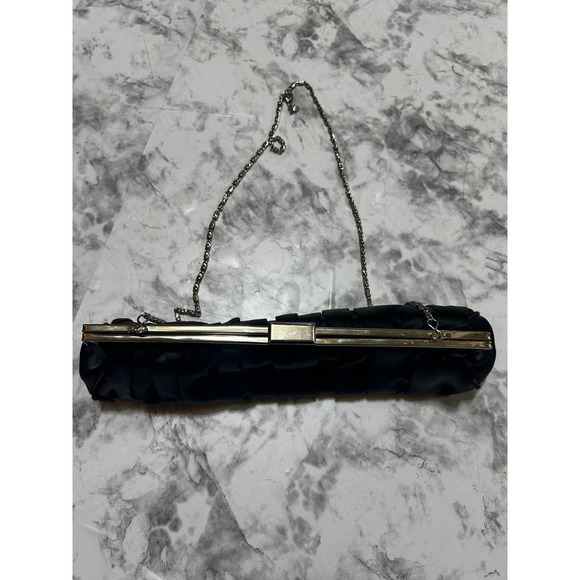 Cache Convertible Black Satin Clutch Bag S Silver Chain Evening Shoulder Purse - Picture 5 of 12